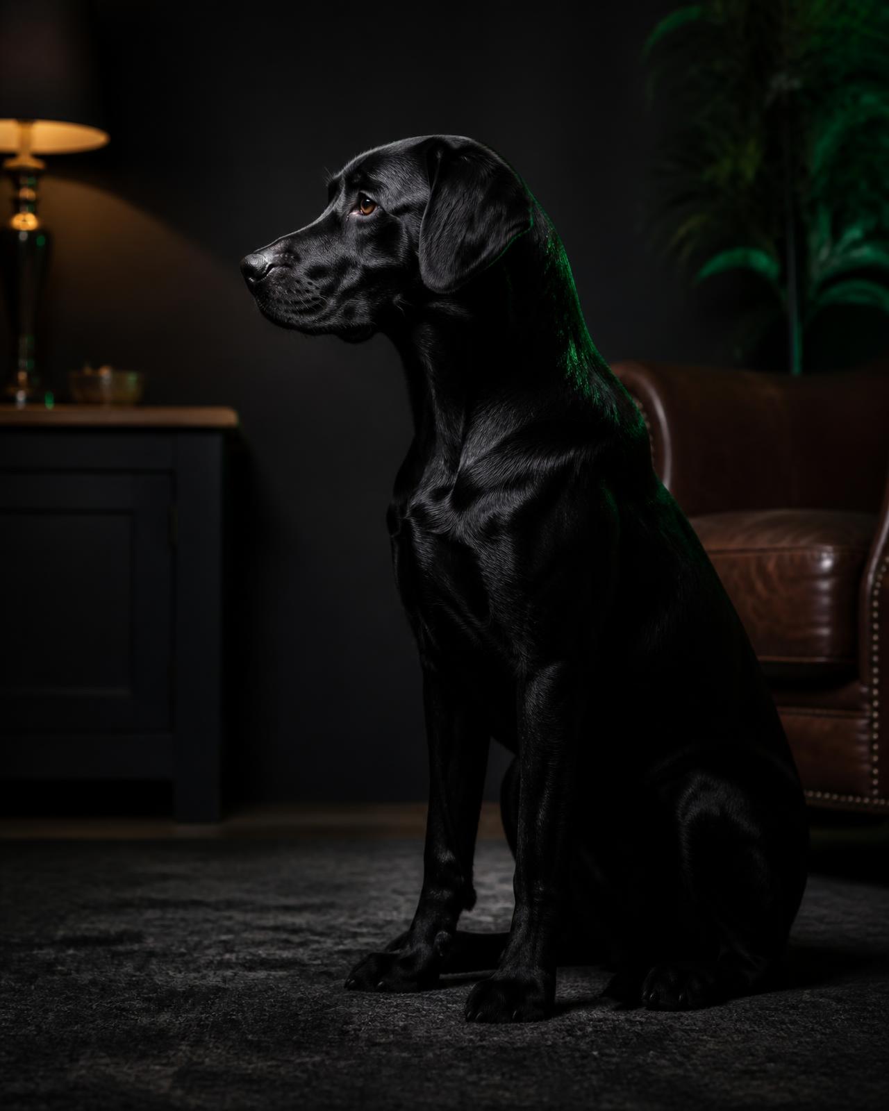 Calm, well-trained black Labrador sitting in a living room